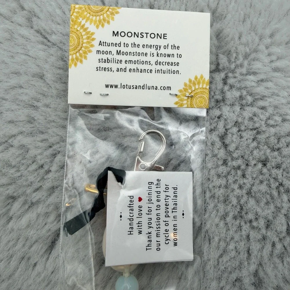 Lotus and Luna Keychain OS Charcoal Grey Cowrie Shell Moonstone Tassel NEW
